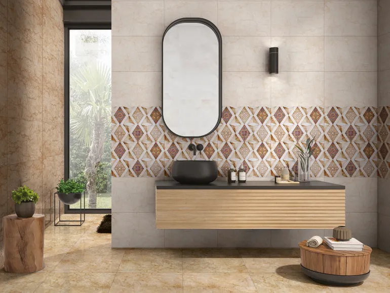 small-bathroom design with diamond and accent tiles in beige, mirror, sink, flower pot